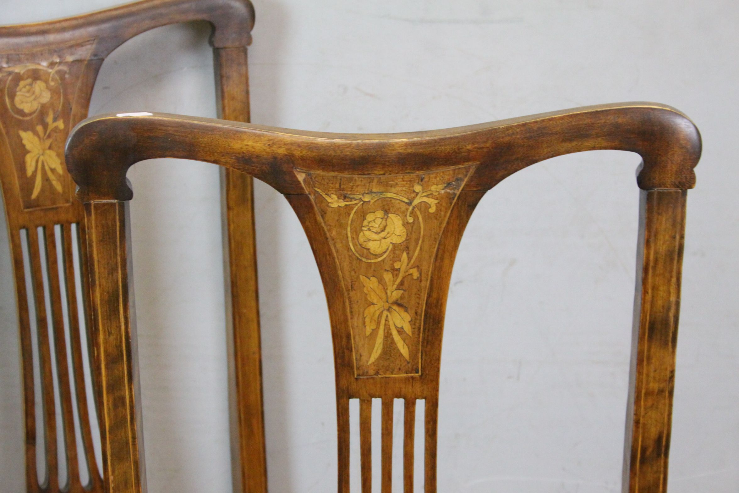 Set of Four Early 20th century Dining Chairs with Floral Inlaid and Pierced Splats, Drop in Seats - Image 2 of 5