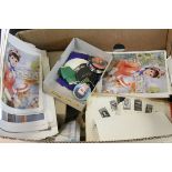Box of mixed collectables to include boxed vintage Mink Brooches, Cigarette cards, Boxed Royal