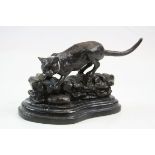 After Mene patinated Bronze model of a Cat on stepped Marble base, stands approx 10cm in total