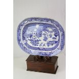19th century blue and white willow patterned meat plate, maker JMVS together with a Mahogany Stand