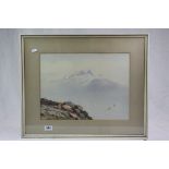 Contemporary watercolour, snow capped mountains with birds, unsigned, approx 32cm x 43cm