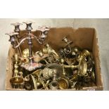 Box of metalware to include silver plate candlesticks, brass candlesticks, bells etc