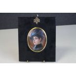Oil painting oval miniature portrait of a 19th century lady in plumed hat
