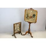 19th century Mahogany Pole Screen, the panel with needlework and padded scene of Chickens raised