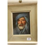 Oil on board portrait of a Middle Eastern man in traditional attire