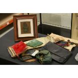 Quantity of vintage leather wallets, clutch bags etc & a framed Maori portrait of a Tiki