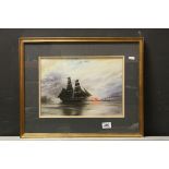 K S Tadd, 20th century watercolour, tall ships in a harbour scene with fire in the background,
