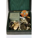 Embossed Leather box of vintage Costume jewellery to include Watches