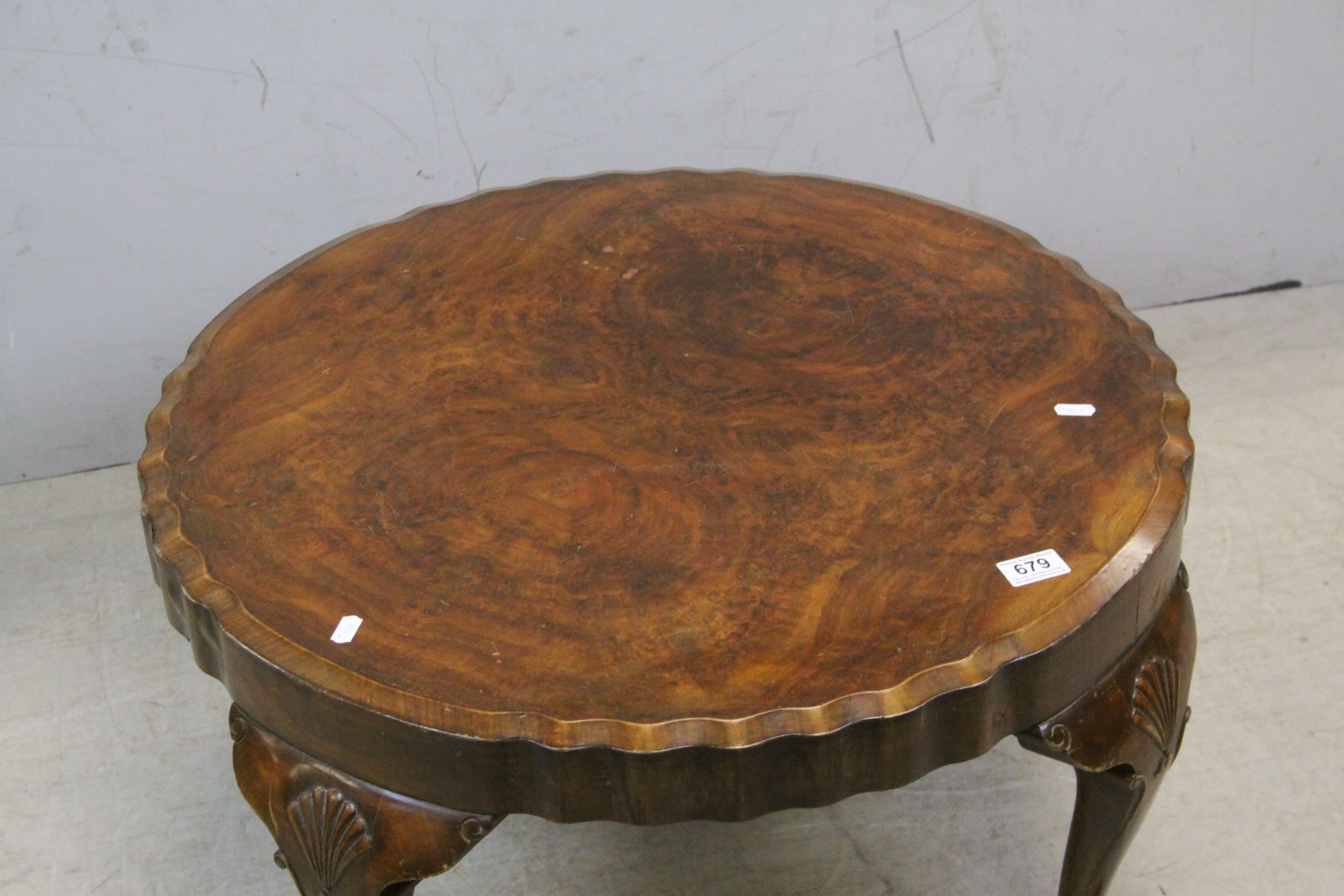 1930's / 40's Walnut Circular Coffee Table with crimped edge, raised on Cabriole Legs (with label - Image 3 of 3