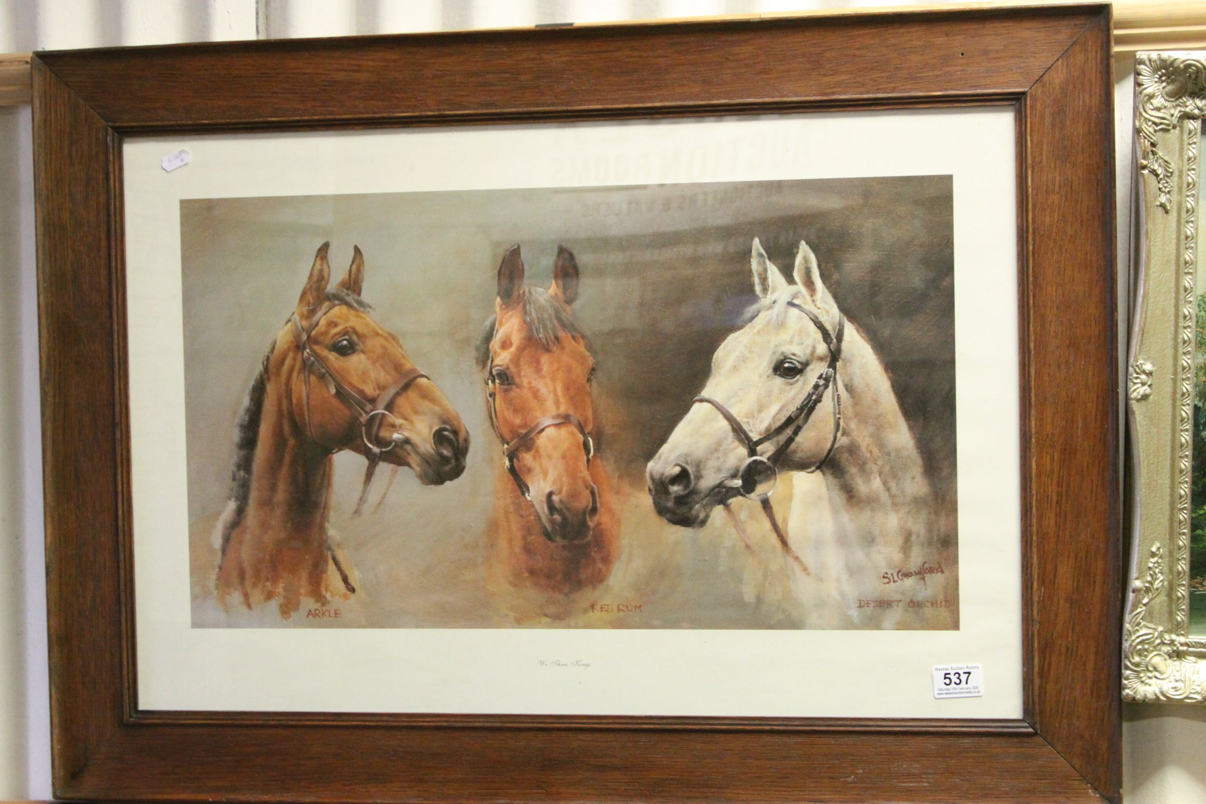 S L Crawford equine print of Arkle, Red Rum and Desert Orchid in an oak frame, approx.48cm x 73cm