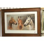 S L Crawford equine print of Arkle, Red Rum and Desert Orchid in an oak frame, approx.48cm x 73cm