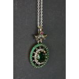 Silver and CZ and faux emerald pendant necklace
