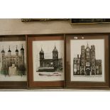 Three framed David Gentleman prints, London scenes to include Tower of London, St Pauls & one other
