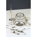 Tray of mainly Hallmarked Silver to include; Napkin Rings, Spoons, slender Vase, Bonbon dish etc