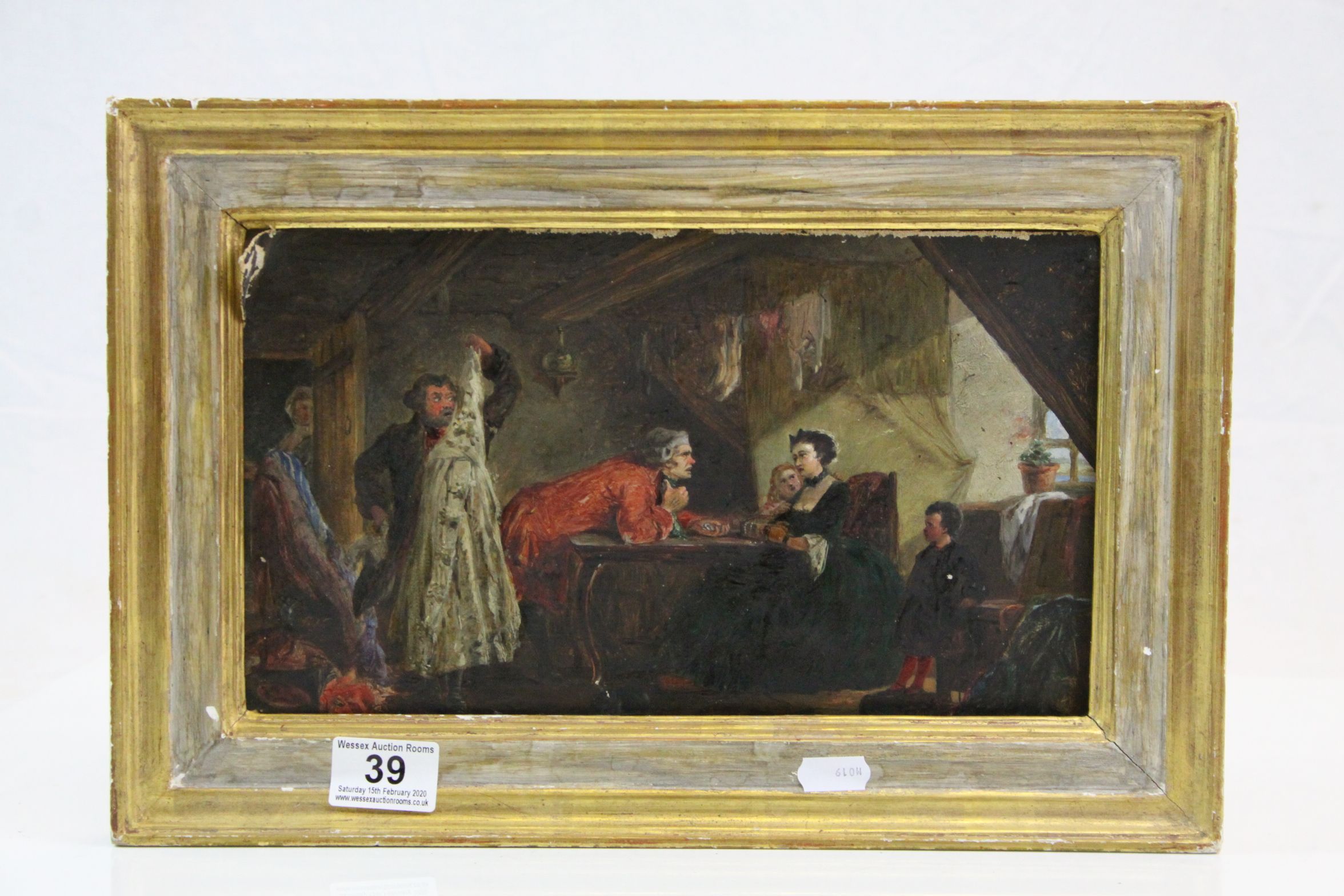 Wood backed Gilt framed Oil on canvas of a Tax collector scene with label to verso for G Golzen,