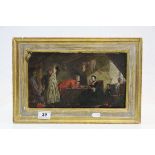Wood backed Gilt framed Oil on canvas of a Tax collector scene with label to verso for G Golzen,