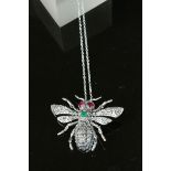 Large silver bug necklace on silver chain with semi precious stones
