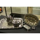 Early 20th century electroplated A1 silver plated tray, two silver plated teapots, jewellery box