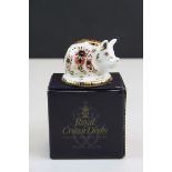 Boxed Crown Derby Imari Pig paperweight with gold stopper