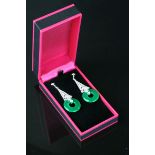 Pair of silver and jade Art Deco style drop earrings cased