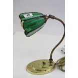 Brass Table lamp with Floral design & marbled green Glass leaded Shade, stands approx 32cm