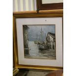 Gerard oil on canvas of fishing boats in a safe haven