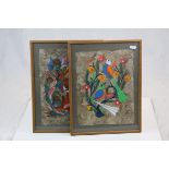 Pair of framed vintage watercolour studies of exotic birds in floral display