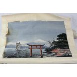 Printed cloth wall hanging depicting Mount Fuji and river landscape