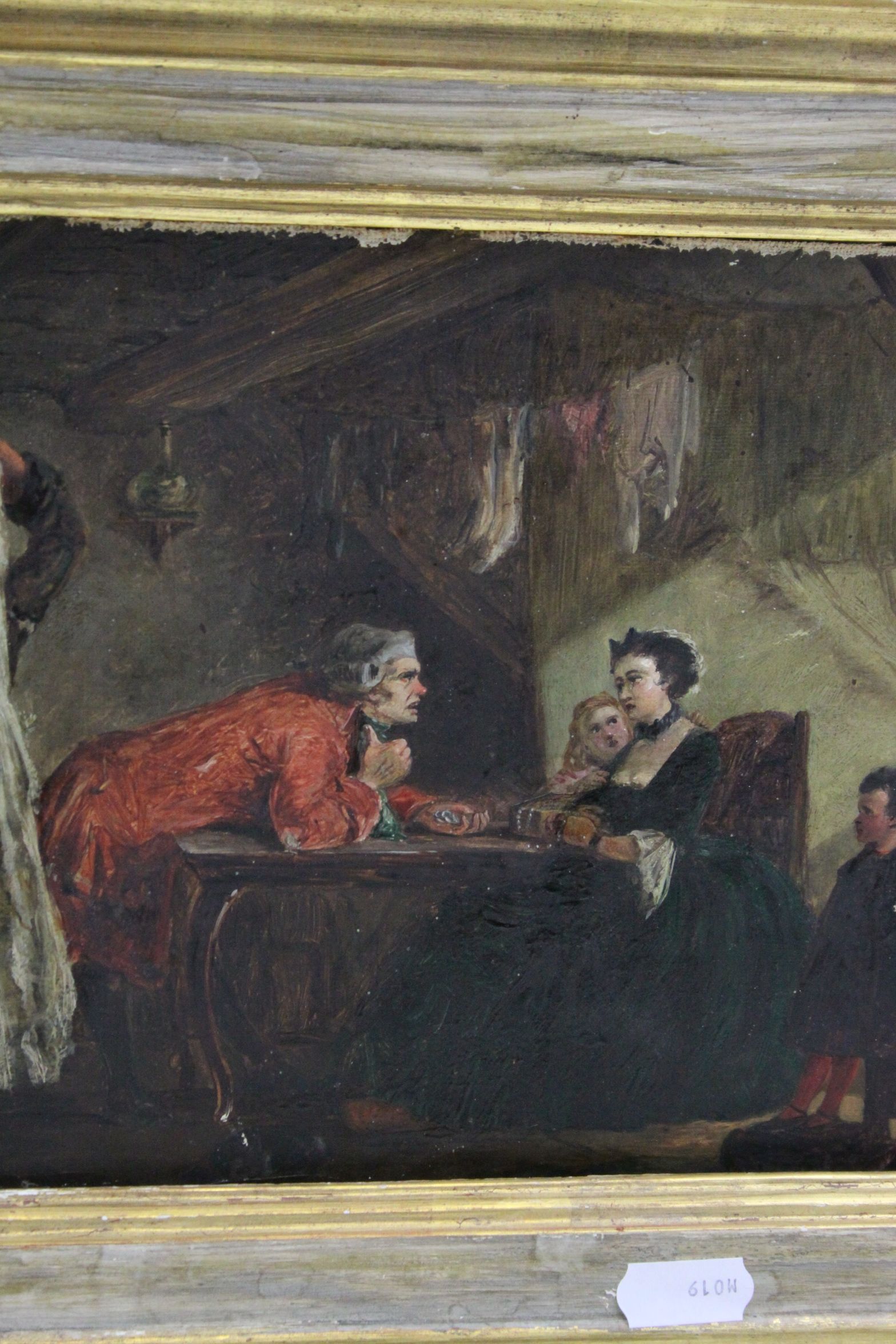 Wood backed Gilt framed Oil on canvas of a Tax collector scene with label to verso for G Golzen, - Image 2 of 4