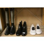 Three Pairs of Hunter Wellington Boots including Pair of White Sneaker Boots (size 7), pair of Black