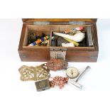 Wooden cigarette box containing mixed collectables
