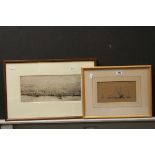 *William Lionel Wylie, etching and drypoint, Leith Harbour, together with a monochrome of steamer on
