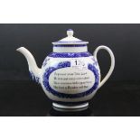 *Wedgewood blue & white John Wesley Teapot with related Religious text to side, a copy of the