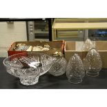 Cut glass etched bowl & a quantity of 20th century glass lamps and shades