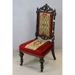 *Victorian Carved Rosewood Lady's Chair, upright back with pierced crest and apron between two