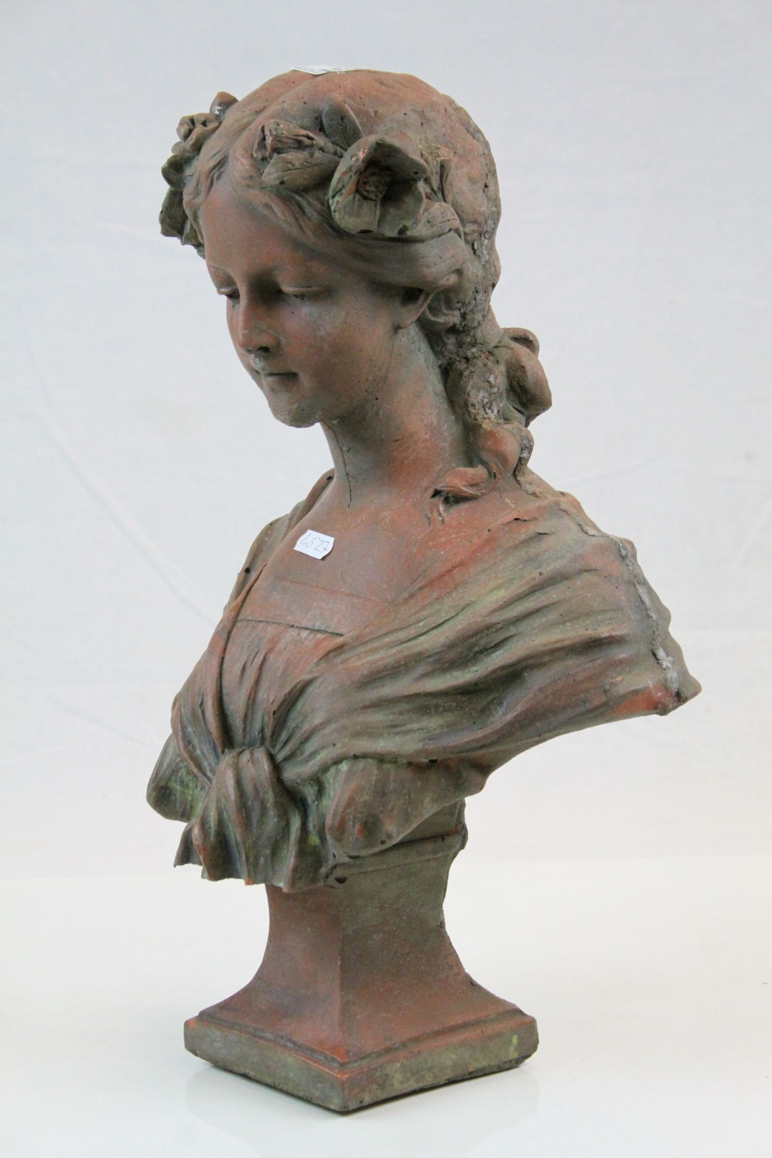 Composite stone bust of an art nouveau lady with flowers in her hair - Image 2 of 4