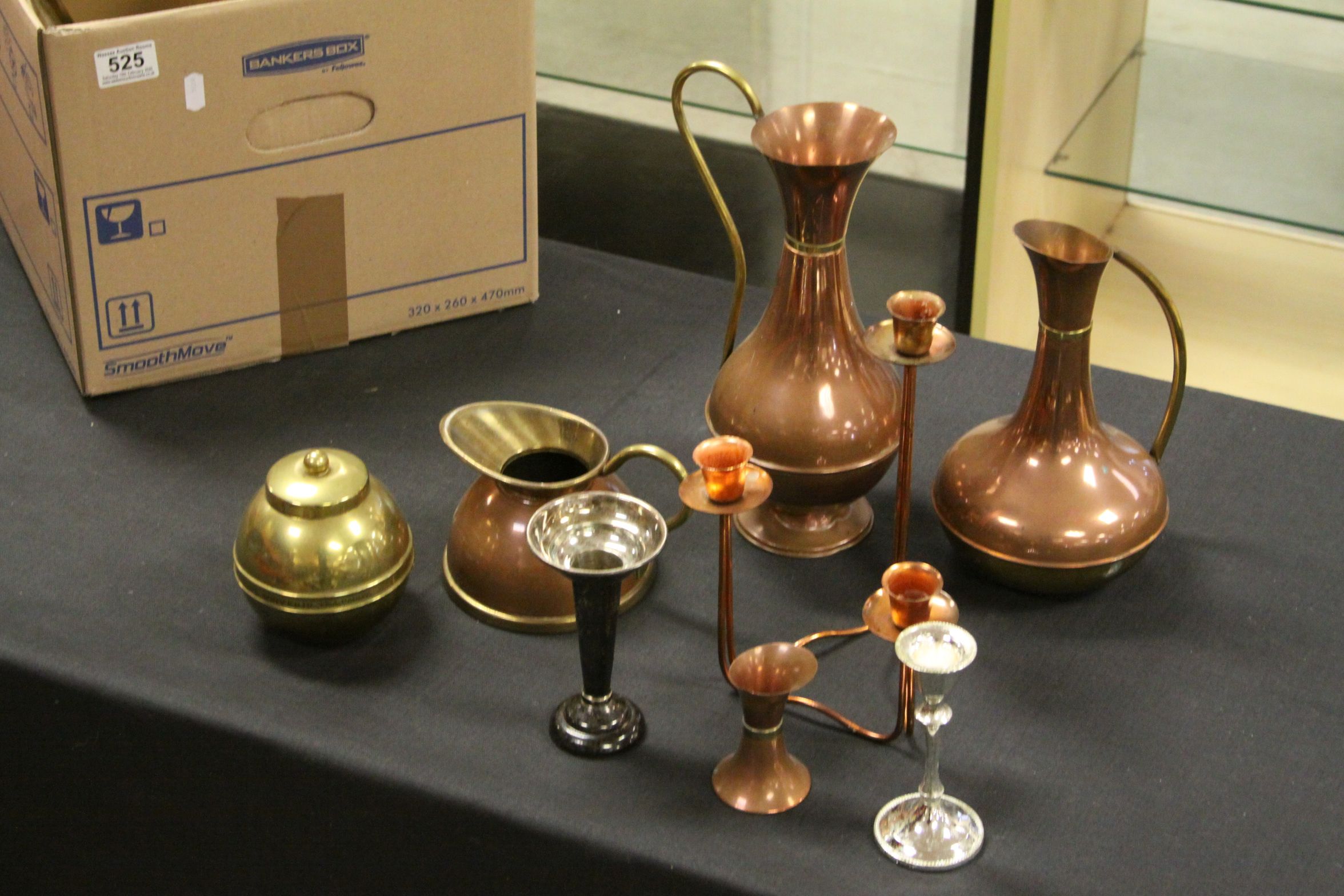 Box of metalware to include arts and crafts copper dish, a Lipton tea caddy, Benson style 3 branch