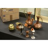 Box of metalware to include arts and crafts copper dish, a Lipton tea caddy, Benson style 3 branch
