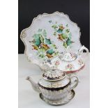 *Victorian teapot, a New Hall teapot and stand painted with blue enamel and gilded foliate, & a