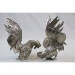 Pair of silver plated fighting cockerels