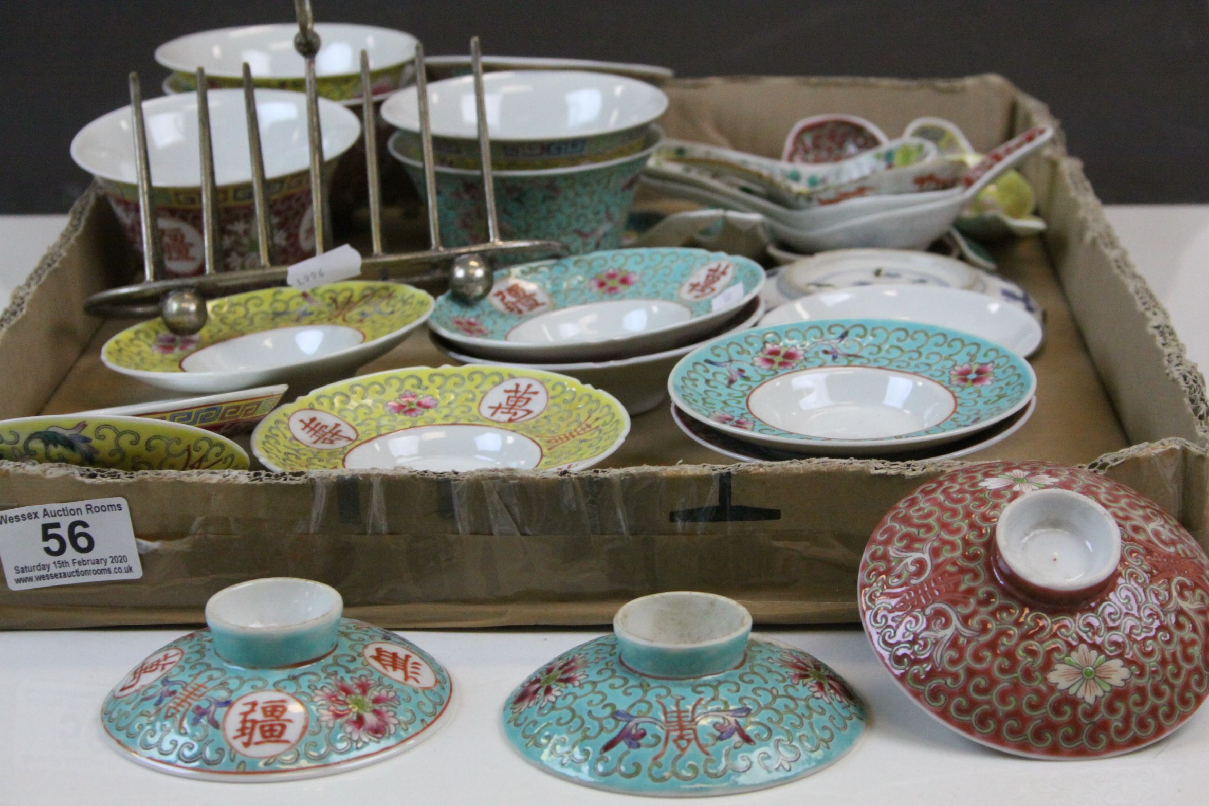 Box of mixed Oriental ceramics, mainly Tea service plus a Silver plated Toast rack