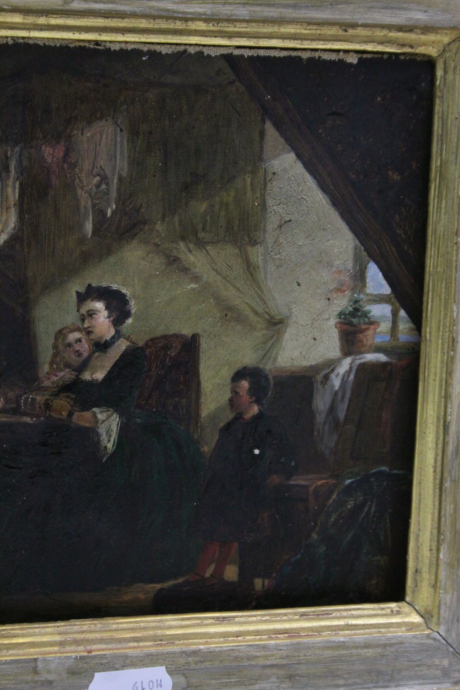 Wood backed Gilt framed Oil on canvas of a Tax collector scene with label to verso for G Golzen, - Image 4 of 4