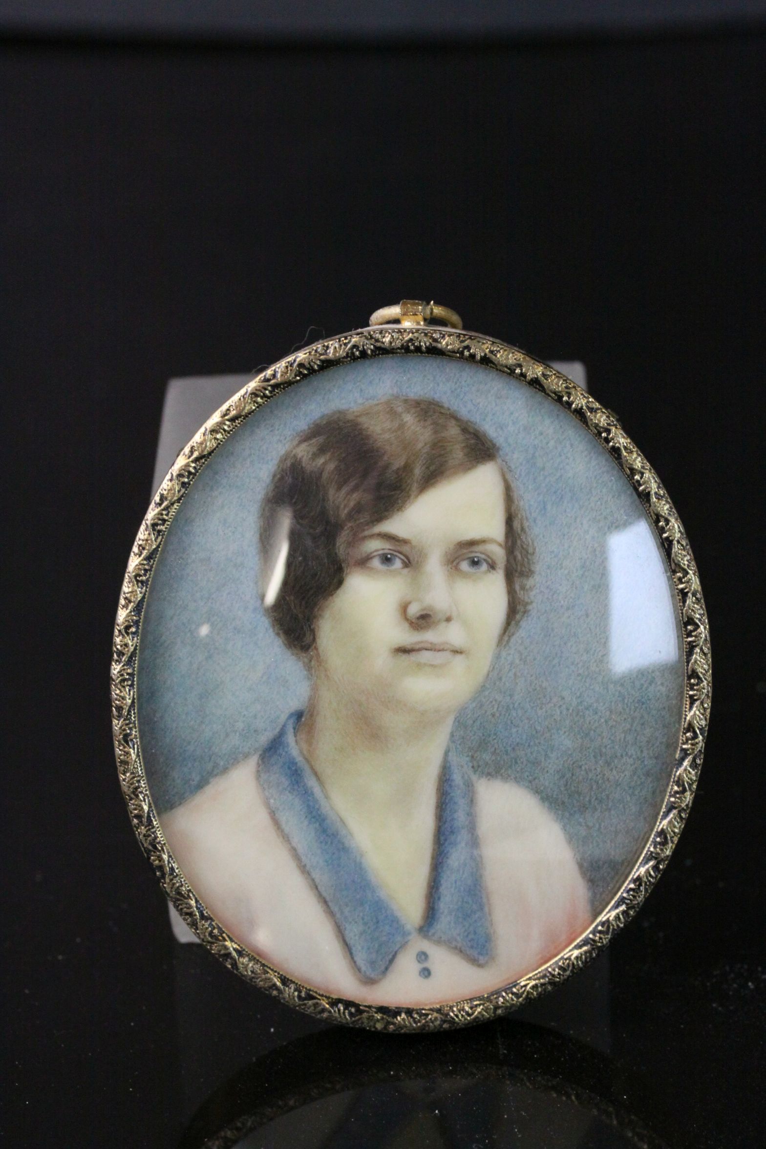 Brass framed & glazed Miniature hand painted Portrait of a Lady, approx 8 x 6.5cm