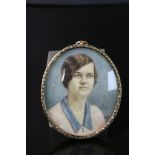 Brass framed & glazed Miniature hand painted Portrait of a Lady, approx 8 x 6.5cm