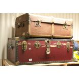 vintage Red Overpainted Travelling Trunk together with a Bentwood Travelling Trunk with GWR and S.R.
