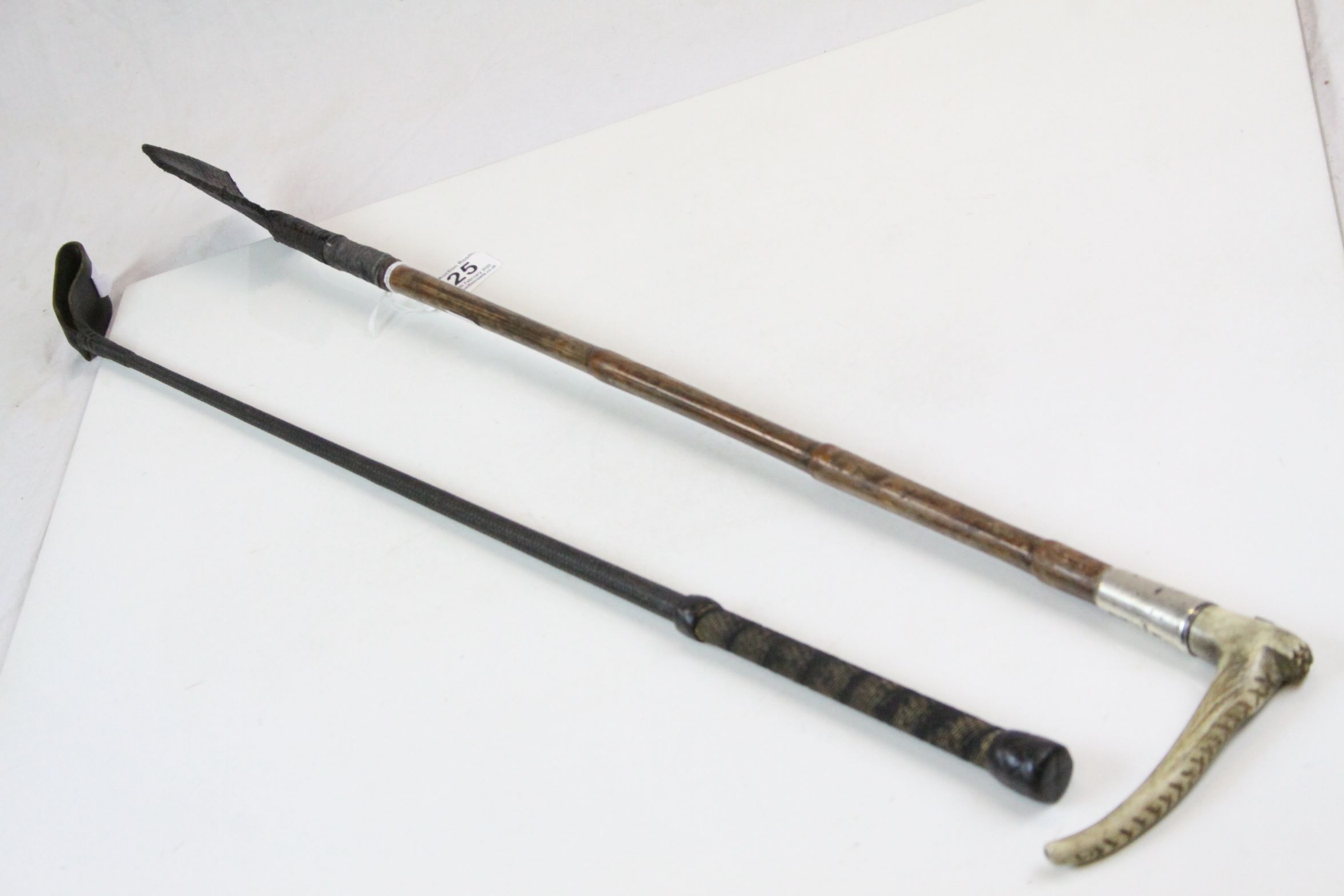 Silver mounted Swaine riding crop with antler handle & a contemporary riding crop