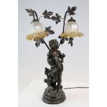 Art Nouveau style table Lamp with central Female figure, twin glass shades and Bronze effect finish,