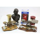 Mixed collectables to include Postal scales, brass Post box Money box, Leather cased Seal set