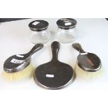 Three piece Hallmarked Silver brush & hand Mirror set plus two cut glass Vanity pots with Hallmarked