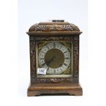 Heavily carved 19th Century Oak Mantle clock with Walnut veneer, silvered dial & Lenskirch "Ting